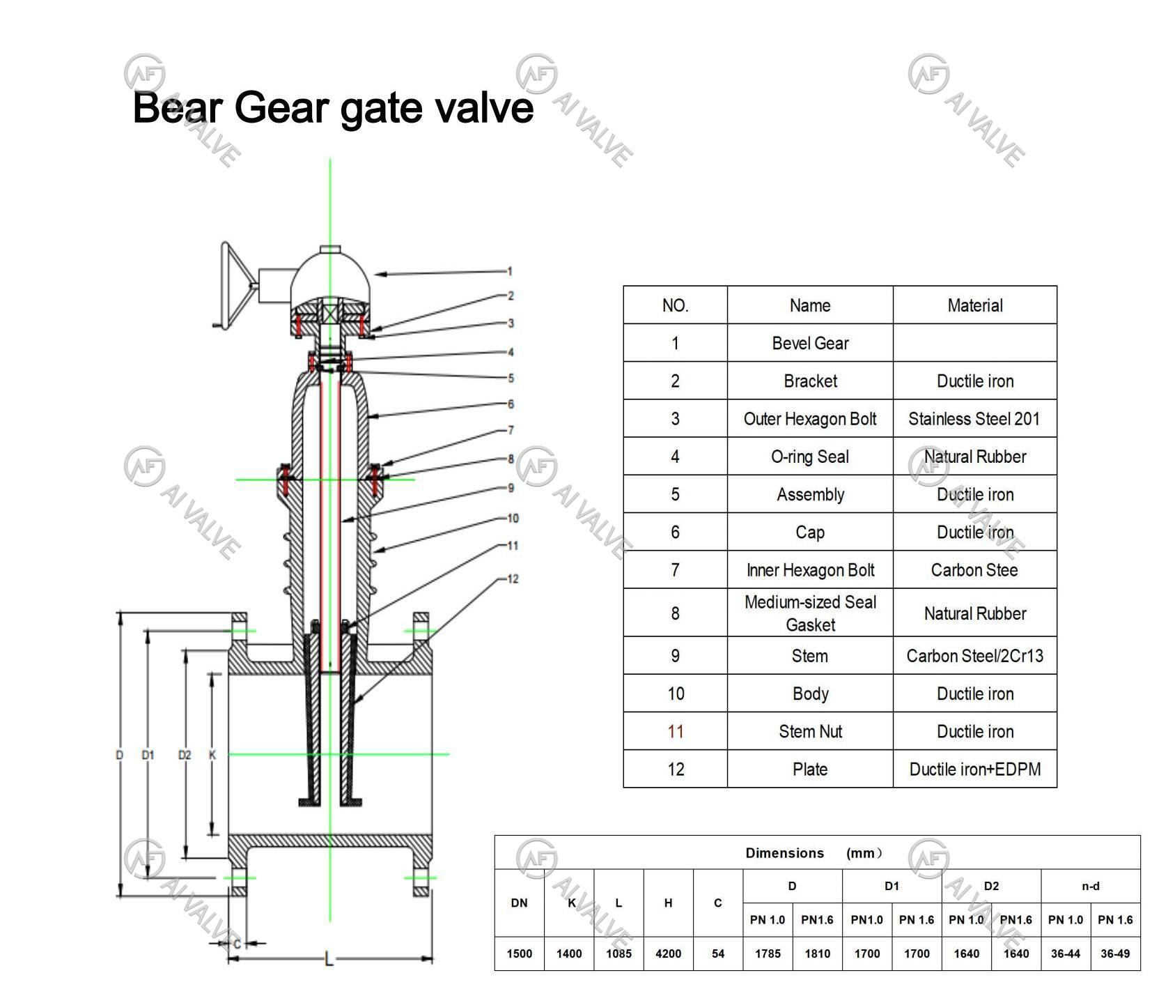 BS5163 DN1500 Bevel Gear Resilient Seated Gate Valve